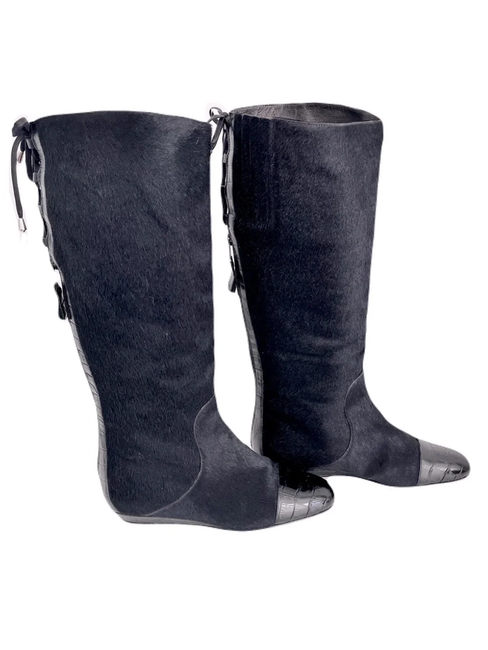 Migliorini Black Pony Hair Croc-Embossed Leather Corset-Back Boots, Size 7.5